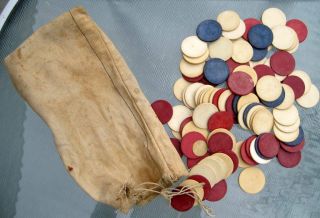 CIVIL WAR ?? 19TH CENTURY ANTIQUE CLAY POKER CHIPS IN ORIG CLOTH CARRYING BAG 3