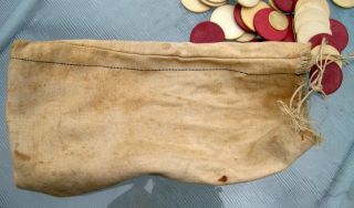 CIVIL WAR ?? 19TH CENTURY ANTIQUE CLAY POKER CHIPS IN ORIG CLOTH CARRYING BAG 4