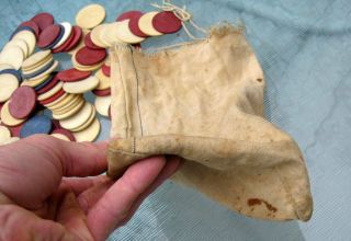 CIVIL WAR ?? 19TH CENTURY ANTIQUE CLAY POKER CHIPS IN ORIG CLOTH CARRYING BAG 5