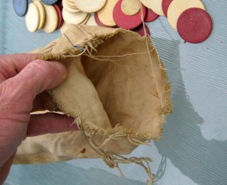 CIVIL WAR ?? 19TH CENTURY ANTIQUE CLAY POKER CHIPS IN ORIG CLOTH CARRYING BAG 6