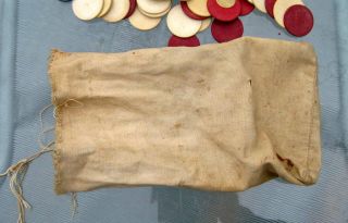CIVIL WAR ?? 19TH CENTURY ANTIQUE CLAY POKER CHIPS IN ORIG CLOTH CARRYING BAG 7