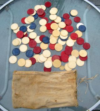 CIVIL WAR ?? 19TH CENTURY ANTIQUE CLAY POKER CHIPS IN ORIG CLOTH CARRYING BAG 8