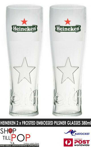 Heineken 2 X Embossed Star Pilsner Beer Glasses 600mls Pint No Box Bnwob
