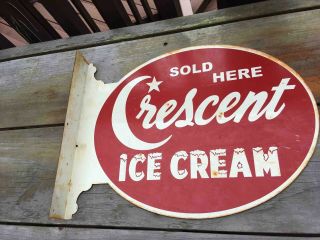 Old Crescent Ice Cream Here 2 Sided Painted Advertising Flange Store Sign