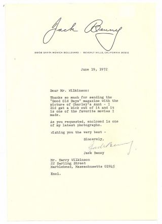 Jack Benny Signed / Autographed Personal Letter From 1972 / Radio Tv Comedian