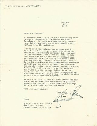 Isaac Stern Violinist Legend 1976 Signed Letter Carnegie Hall Stationery D.  2001