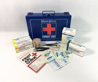 Vintage Johnson Johnson Metal First Aid Kit 8161 Blue Partial Supplies Guide