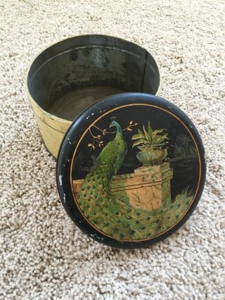 Antique Vintage Tin Cookies Candy Cream Gold Green with Peacock & Flowers NR 2