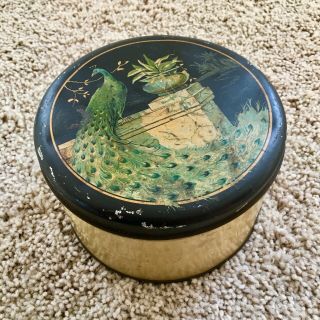 Antique Vintage Tin Cookies Candy Cream Gold Green with Peacock & Flowers NR 3