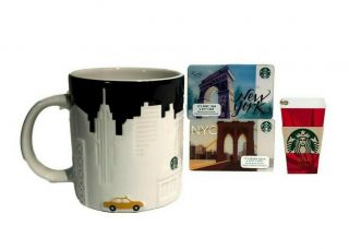Starbucks York Coffee Mug Cup Nyc Skyline Taxi Black White Relief 3 Bonus