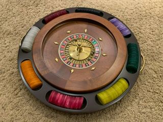 14 " Casino Deluxe Wooden Roulette Wheel With Chips And Felt -