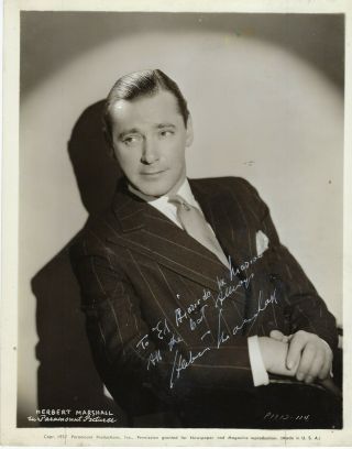 American Leading Actor Herbert Marshall,  Autographed Vintage Studio Photo
