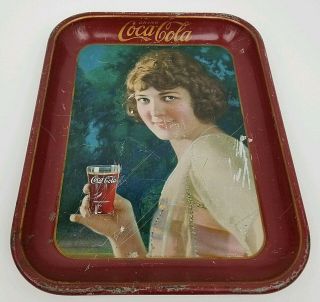 Antique Coca Cola Smiling Girl Metal Tin Lithographed Coke Serving Tray 1924 Htf