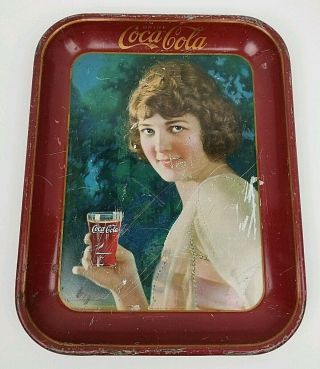 Antique Coca Cola Smiling Girl Metal Tin Lithographed Coke Serving Tray 1924 HTF 2