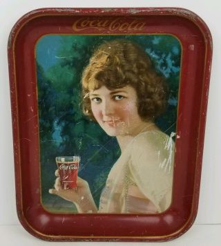Antique Coca Cola Smiling Girl Metal Tin Lithographed Coke Serving Tray 1924 HTF 4