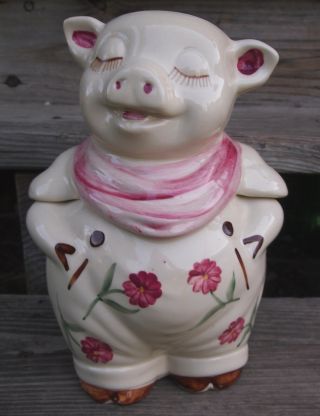 Shawnee Pottery Smiley Pig Cookie Jar Chrysanthemum Marked Usa