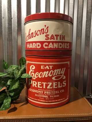 Vintage Antique Tin Red Pretzel Cans White Johnsons Large Satin Hard Candy