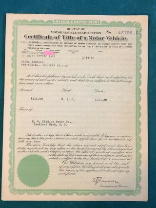 1922 Ford Model T Touring Certificate Of Title North Carolina Reg Historic Only