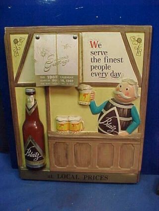 1968 Blatz Beer Plastic Molded Advertising Sign W Wall Calendar Bartender Bottle