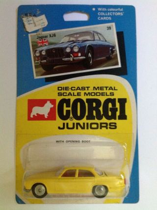 (2 Of 3) Yellow Corgi Juniors Jaguar Xj6 Series I W/ Opening Boot Mibp