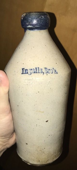 Ingalls Brothers Portland Maine Cobalt Decorated Lip Stoneware Beer Bottle