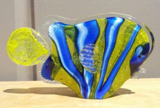 11 " Hand Blown Art Glass Angel Fish Figurine Sculpture Yellow Blue Stripes