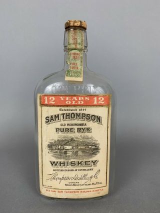 Antique Pre - Prohibition 1914 Oval Flask Empty Bottle Sam Thompson 12 Yr Whiskey