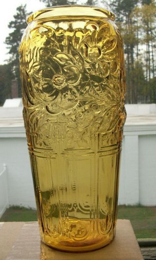 Golden Amber Embossed Floral Goofus Glass 9 - 1/2 " Pickle Bottle Jar Not Pontil