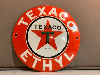6 Inch Dome Texaco Ethyl Gasoline Porcelain Enamel Sign Oil Gas Pump Plate