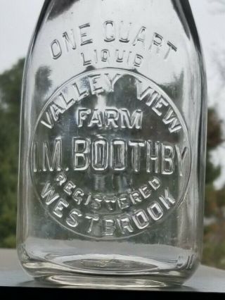 Rare Old Westbrook Maine Quart Milk Bottle Boothbys Valley View Farm Me Qt Emb