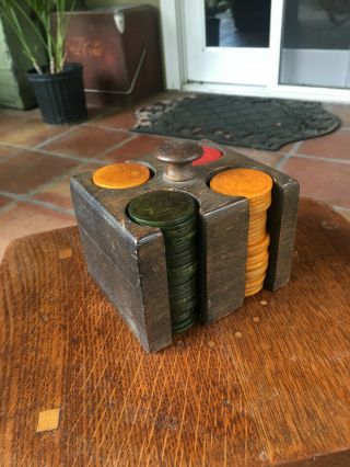Vintage Bakelite Poker Chip Set Wood Rack 112 Chips.  L@@k
