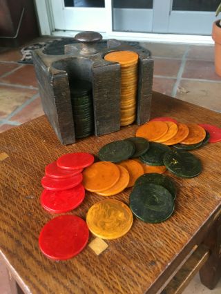 Vintage Bakelite Poker Chip Set Wood Rack 112 Chips.  L@@K 2