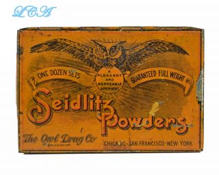 Old Owl Drug Co Seidlitz Powder Tin Colorful - Ornate - Owl On Moon