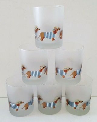 6 Culver Summer Beach Dachshund Dogs Double Old Fashioned Bar Glasses