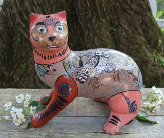 Tonalá Pottery Cat W/ Horned & Snowy Owls Hand Painted Mexican Folk Art Handmade