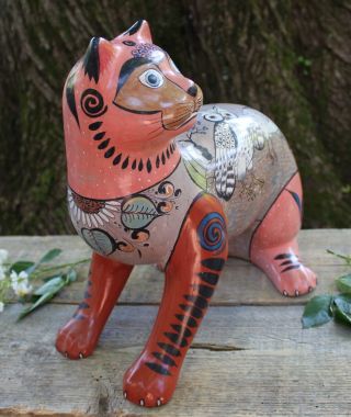Tonalá Pottery Cat w/ Horned & Snowy Owls Hand Painted Mexican Folk Art Handmade 2