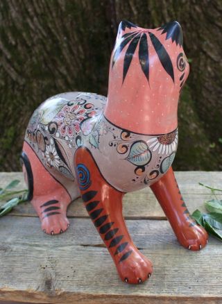 Tonalá Pottery Cat w/ Horned & Snowy Owls Hand Painted Mexican Folk Art Handmade 4