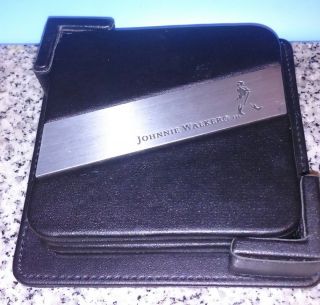 Johnnie Walker Scotch Whiskey Set Of 4 Leather Stainless Coasters With Holder