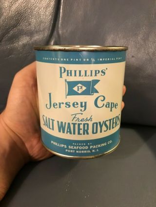 Vintage Phillips Jersey Cape Pint 16 Oz.  Oyster Tin Can Port Norris,  Nj 987