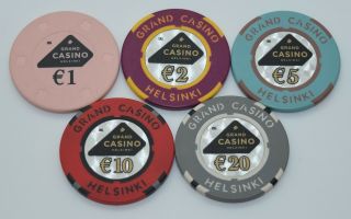 Set Of 5 Grand Casino €1 - €2 - €5 - €10 - €20 Casino Chips Helsinki Finland B Et G Mold