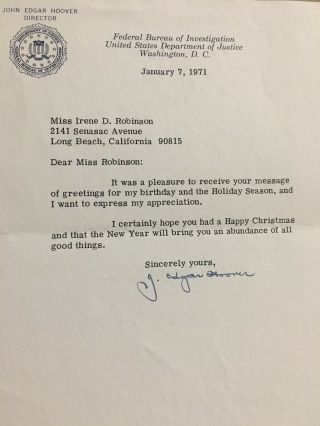 J.  Edgar Hoover Signed Letter 1st Fbi Director