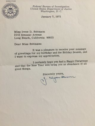J.  Edgar Hoover Signed Letter 1st FBI Director 3