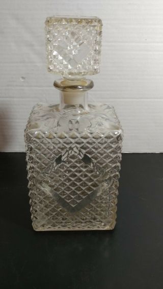 Vintage Diamond Cut Glass Liquor Wine Decanter With Square Stopper