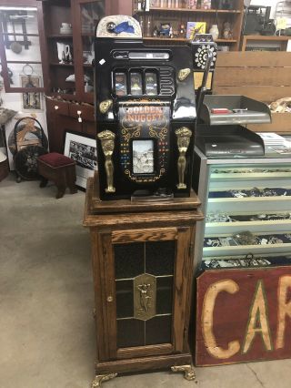 Mills 25 Cent Antique Style Slot Machine Golden Nugget With Stand