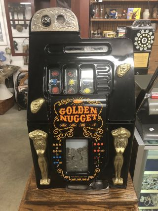 Mills 25 Cent Antique Style Slot Machine Golden Nugget With Stand 2