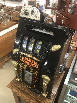 Mills 25 Cent Antique Style Slot Machine Golden Nugget With Stand 3