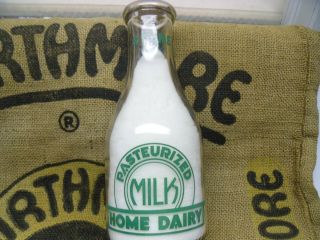 Bb - 48 Home Dairy Round Pyro Quart Dairy Milk Bottle.  5 Cent Store.