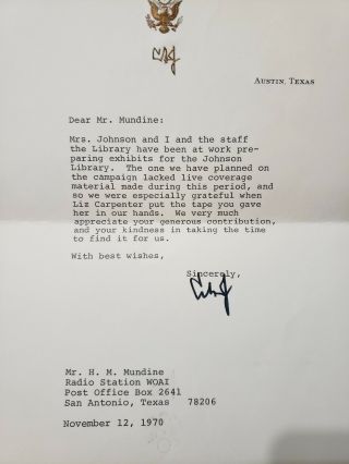 President Lyndon B.  Johnson Lbj Signed 1970 Typed Thank You Letter W/ Envelope