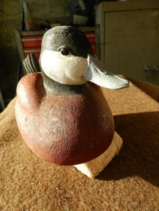 Carved Wood Ruddy Duck Drake Artist Signed M.  J.  WOLE,  1987,  INSCRIBED,  XLNT DETAIL 3