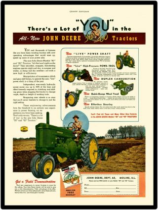 John Deere Tractors Metal Sign: Models 50 And 60 Tractors Showing.